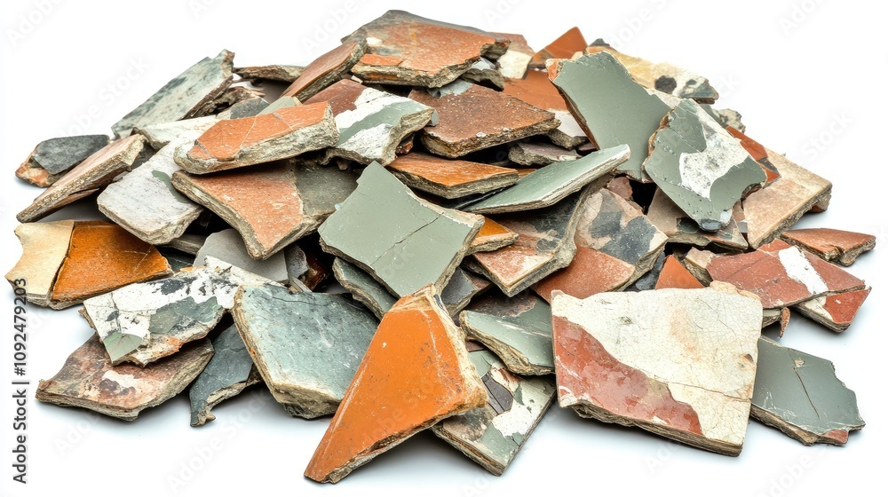 Poster collection of colorful broken ceramic tiles in various shapes and textures on a white background for