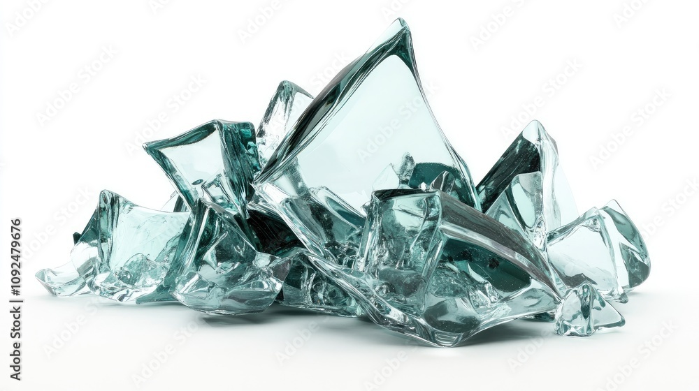 Poster shattered glass fragments displaying jagged edges with light reflection and transparency against a w
