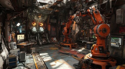 Futuristic Robotic Workshop Interior Scene
