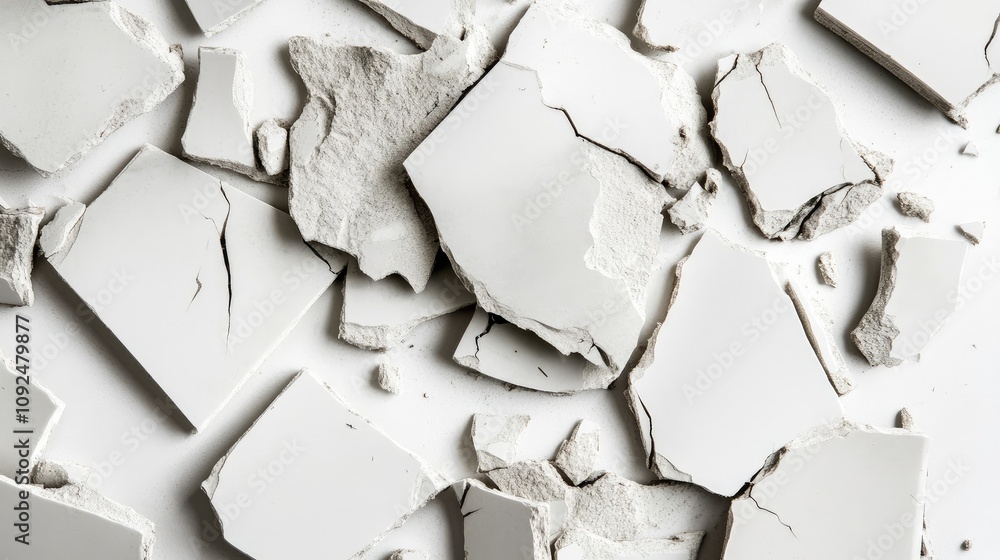 Poster broken white tiles and cracked ceramic pieces lying on a surface creating an abstract background of 