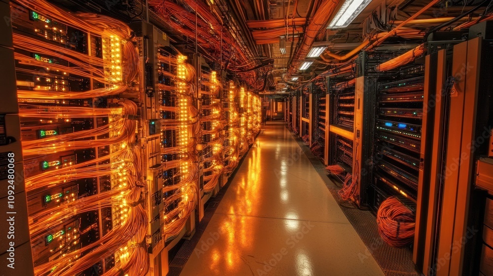Poster illuminated server room network cables and servers
