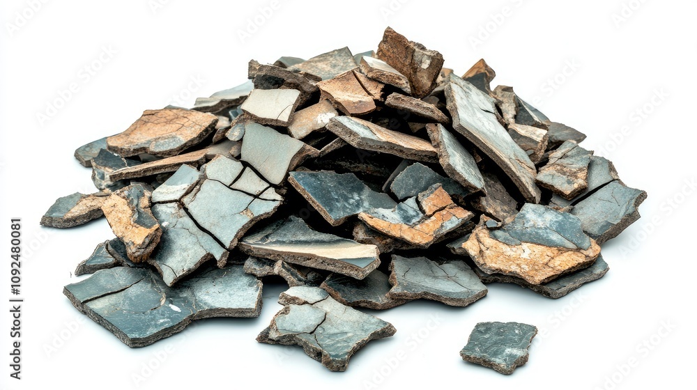 Poster a dynamic arrangement of broken slate tiles showcasing unique textures and natural patterns on a bri