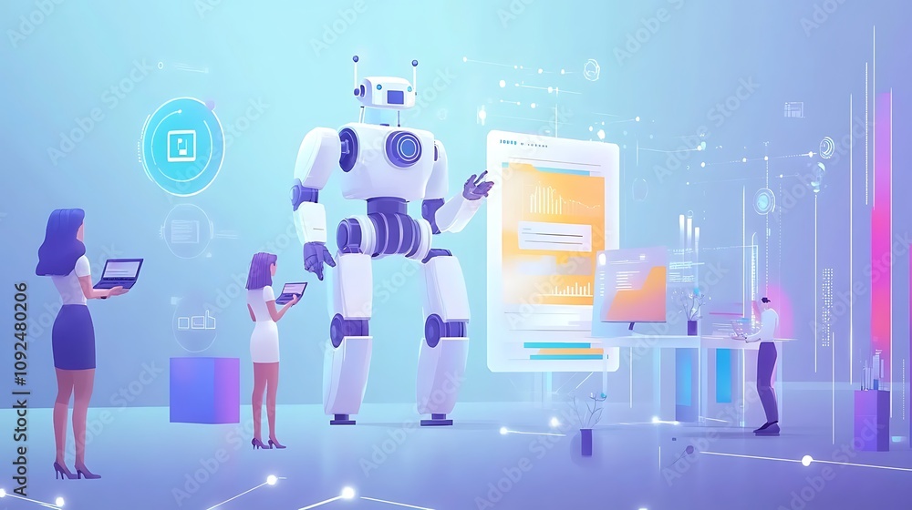 Poster businesspeople collaborating with a large robot on data analysis and presentation.