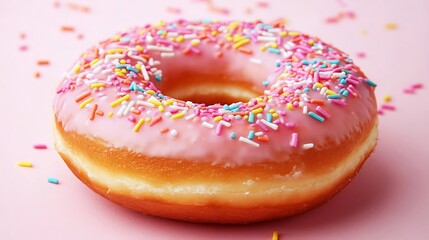 Pink Glazed Donut with Colorful Sprinkles on a Pink Background