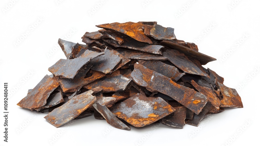 Poster pile of rusty metal plates stacked together creating an industrial look for backgrounds and textures