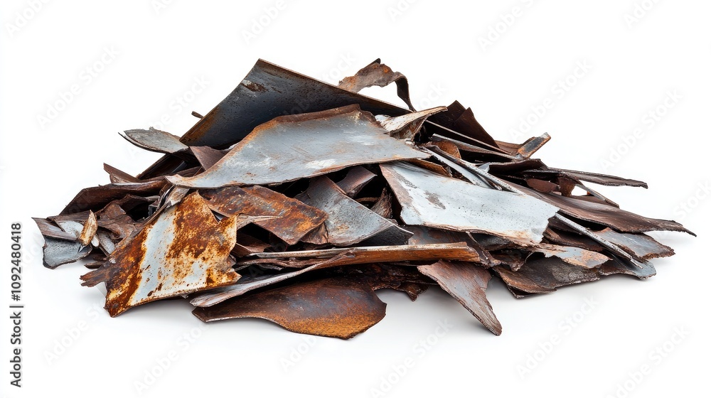 Poster pile of rusty metal shards and scraps in various colors and textures on a white background for indus