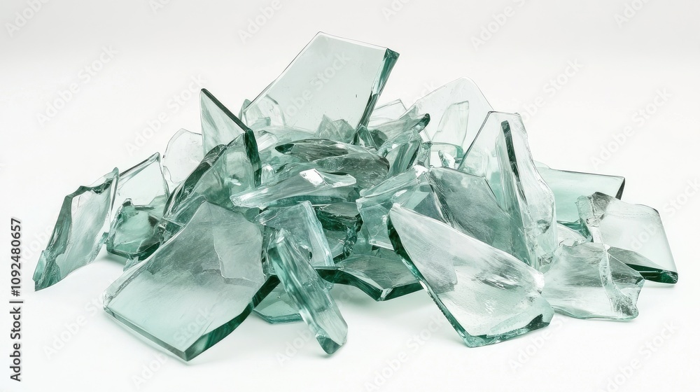 Aufkleber pile of sharp shattered glass fragments in various shapes displayed on a neutral background for arti