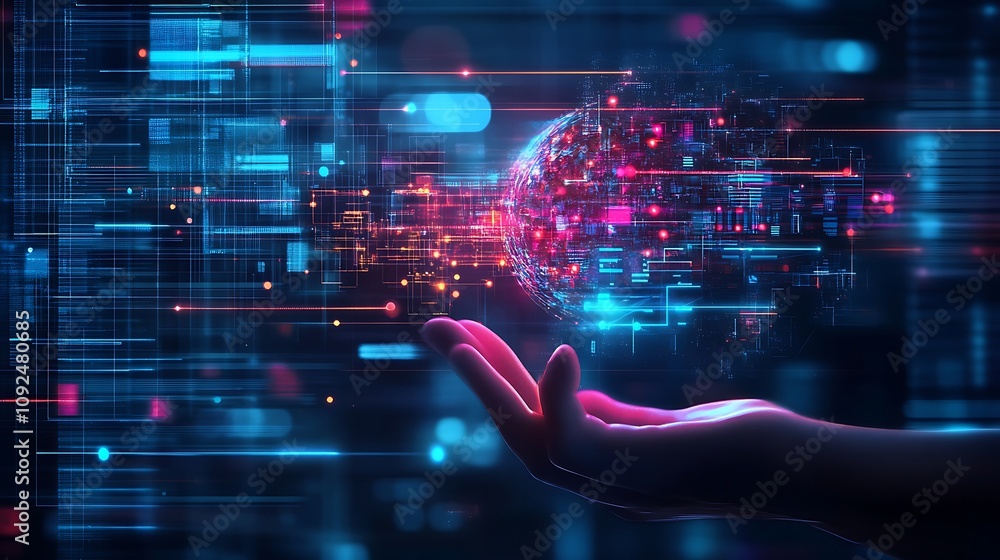 Poster hand holding a glowing digital sphere of data and code