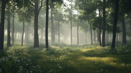Fototapeta premium Sunbeams Piercing Through a Misty Forest Clearing