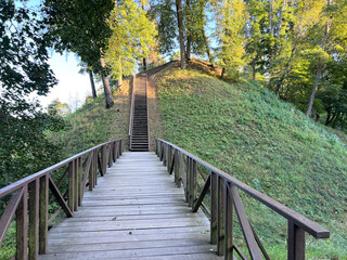 Obraz premium Wooden bridge leading to the Vytautas Hill, Birstonas, Lithuania