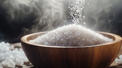 Close-up of coarse sea salt being poured into a wooden bowl, creating a dreamy, steamy atmosphere.