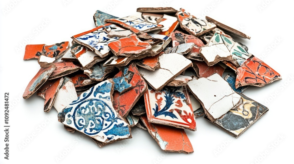Poster colorful broken ceramic tiles in random pile, showcasing various patterns and textures in a contempo