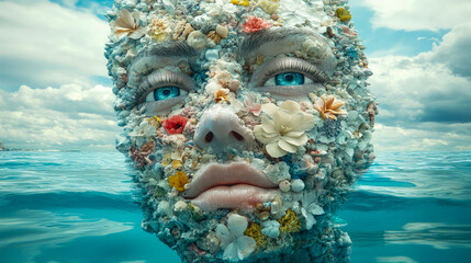 A unique artwork features a female face covered with flowers and coral, emerging from clear ocean water against a dramatic cloud-filled sky