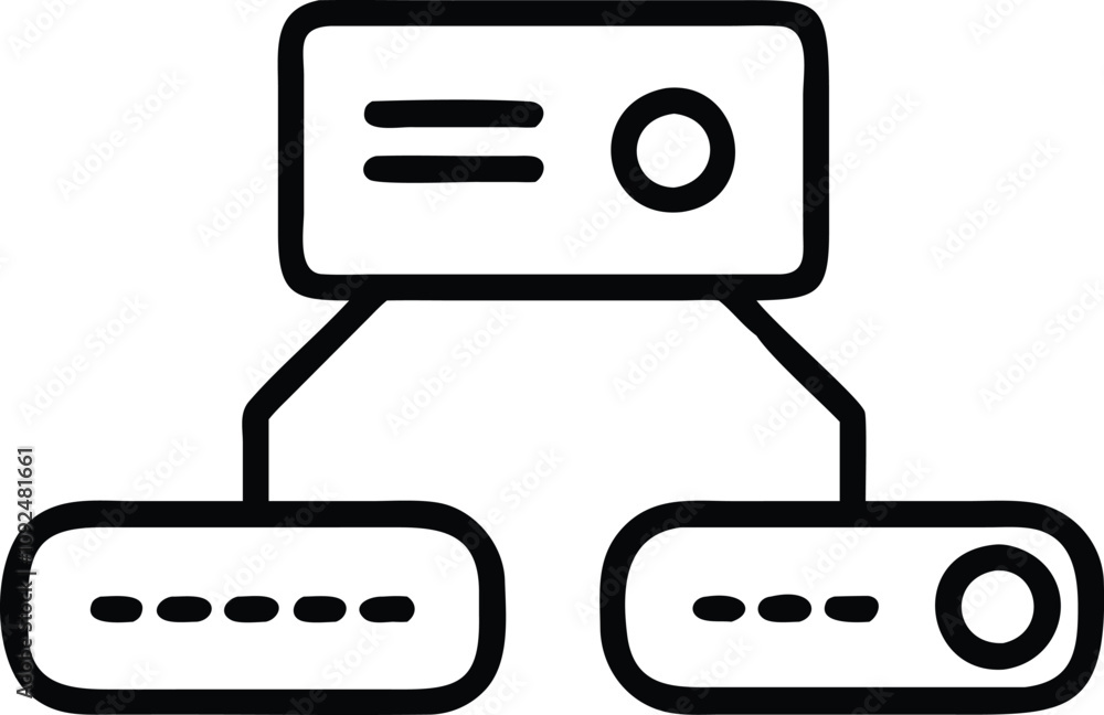 Poster minimalist server connection diagram icon, black-and-white line art of a server connecting to two de