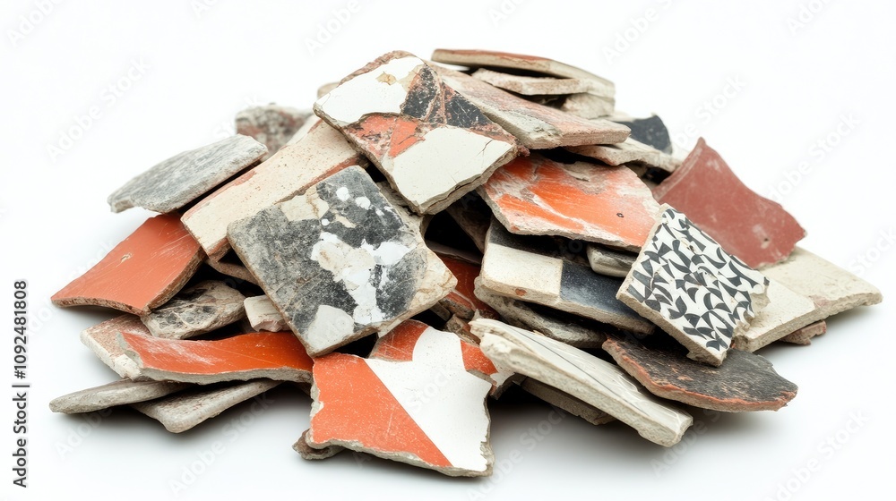 Poster a close-up view of colorful, broken ceramic tiles piled together, showcasing unique patterns and tex