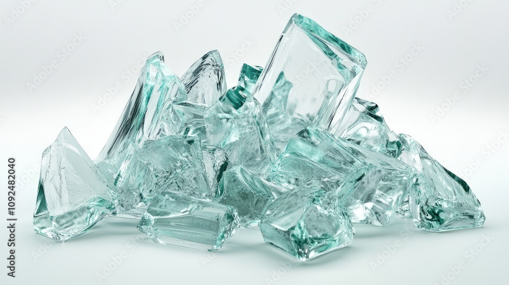 Poster aesthetic composition of broken glass pieces displaying translucent emerald hues against a soft whit