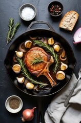 Roasted pork chop in cast iron skillet with garlic, rosemary, and onions.