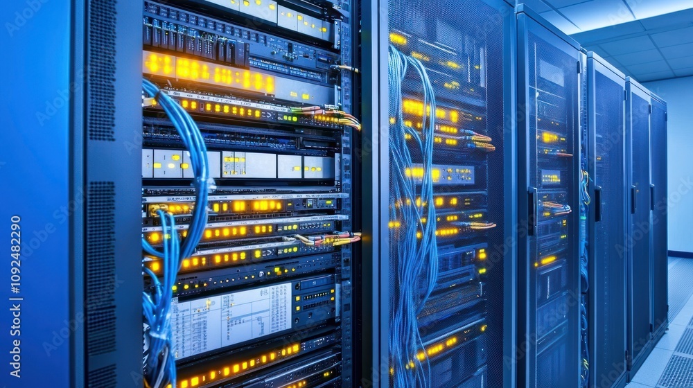 Poster Illuminated Data Center Server Racks With Network Cables