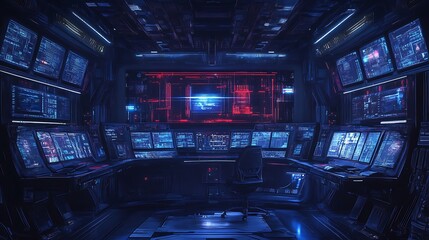 Futuristic Control Room with Multiple Monitors Displaying Data and Code