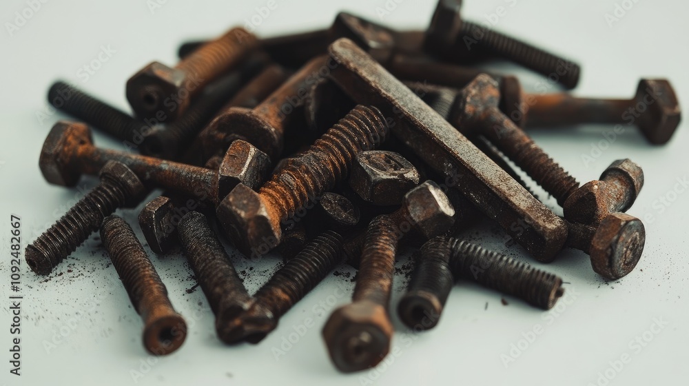 Poster collection of old rusty bolts and screws piled together on a soft surface displaying various shapes 