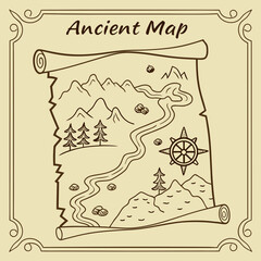A detailed pirate map featuring a compass, showcasing marked routes and hidden treasures.