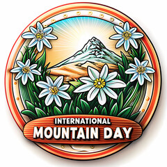 Mountain with edelweiss flowers in vibrant emblem design