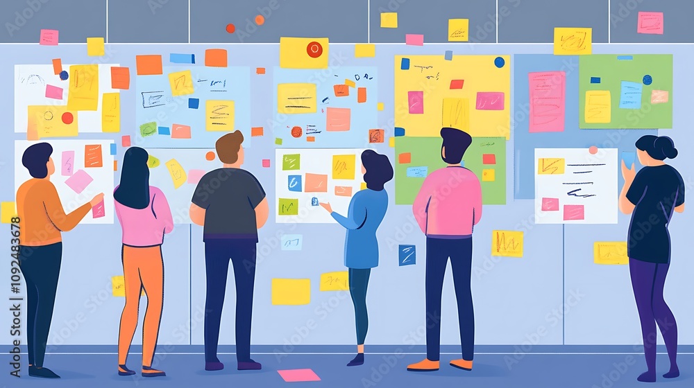 Poster team brainstorming session with sticky notes on a wall