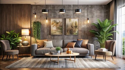 Fototapeta premium Modern Living Room Mockup with Textured Wall Background, Cozy Decor, and High Depth of Field for Interior Design Inspiration