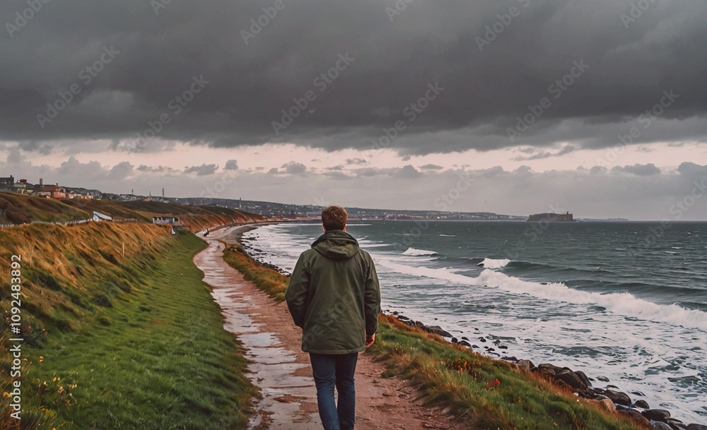 Poster man is walking on a path near the ocean. the sky is cloudy and the water is choppy