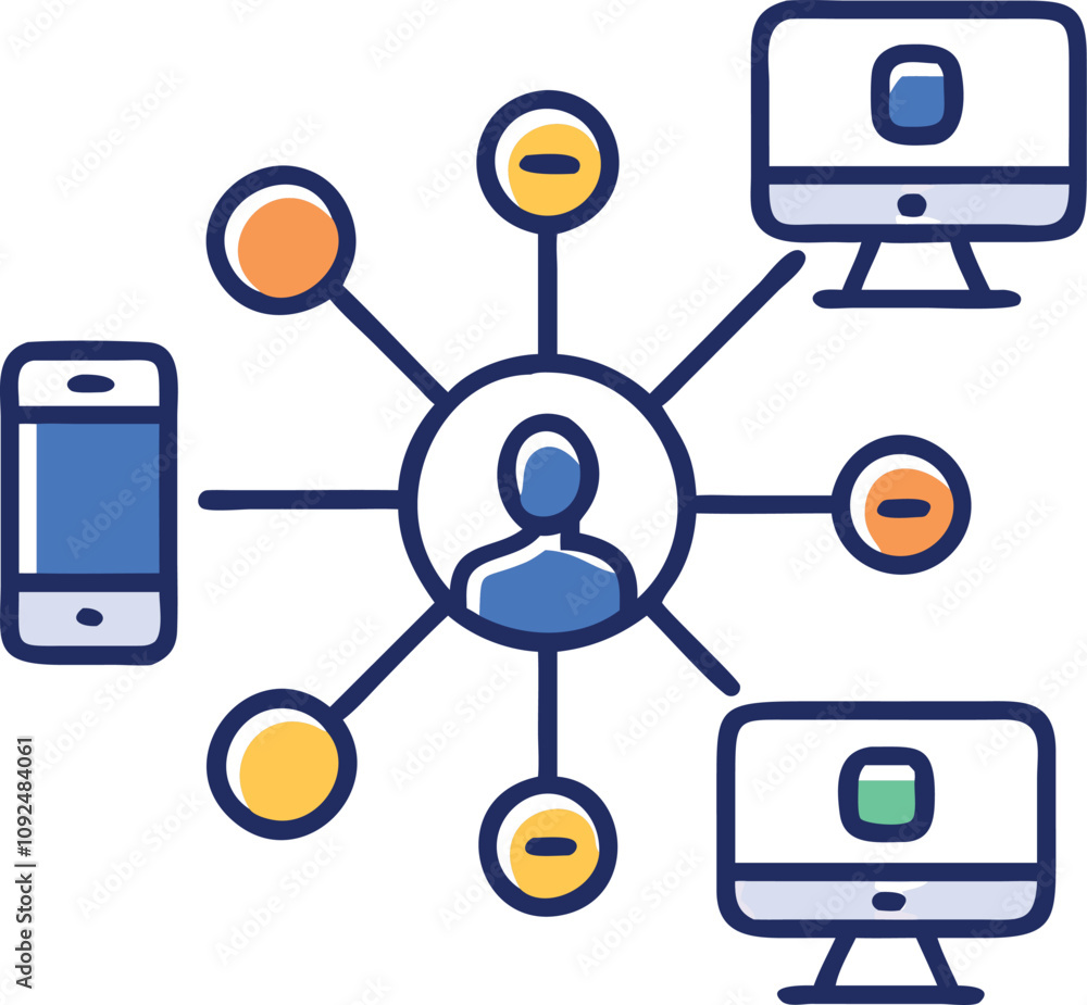 Poster collaborative network diagram with computers, illustration of a connected network showing people and
