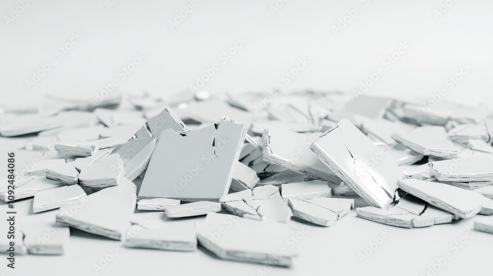 Poster broken white tiles scattered on a light background, abstract fragmented design representing chaos an