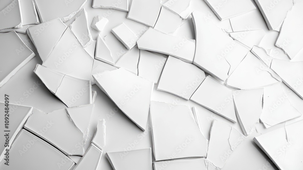 Poster broken white ceramic pieces scattered on a smooth surface, showcasing intricate patterns and texture
