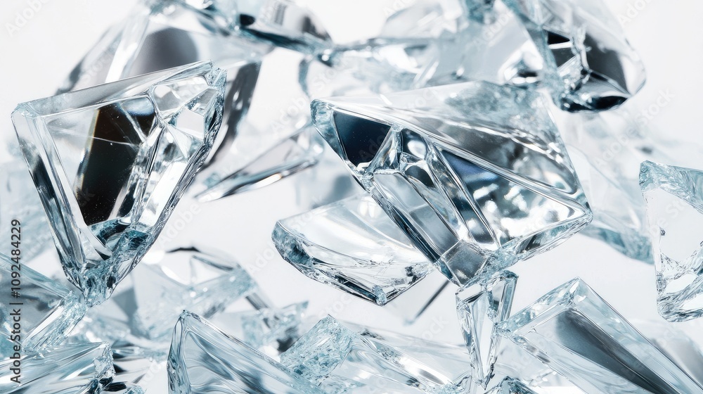 Poster pile of shimmering glass diamonds and crystal fragments glimmering in light, creating an artistic ab