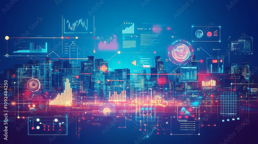 Poster futuristic cityscape overlayed with dynamic data visualizations