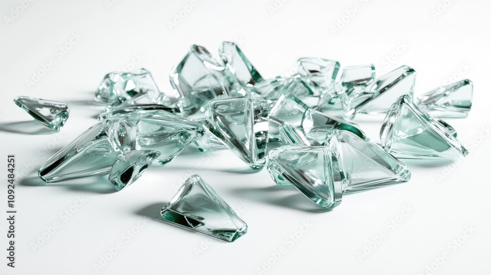 Poster fragmented pieces of shattered glass in various shapes arranged on a soft white surface, highlightin