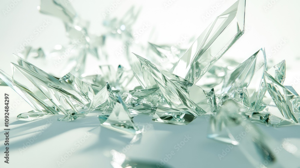 Aufkleber shattered glass fragments displaying sharp edges and reflective surfaces set against a soft pastel b