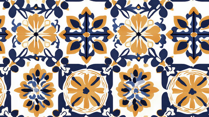 A blue and yellow floral patterned tile