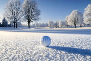 A serene winter golf course with snow-covered fairways and trees, a lone golf ball rests on the pristine white surface, symbolizing peace, 