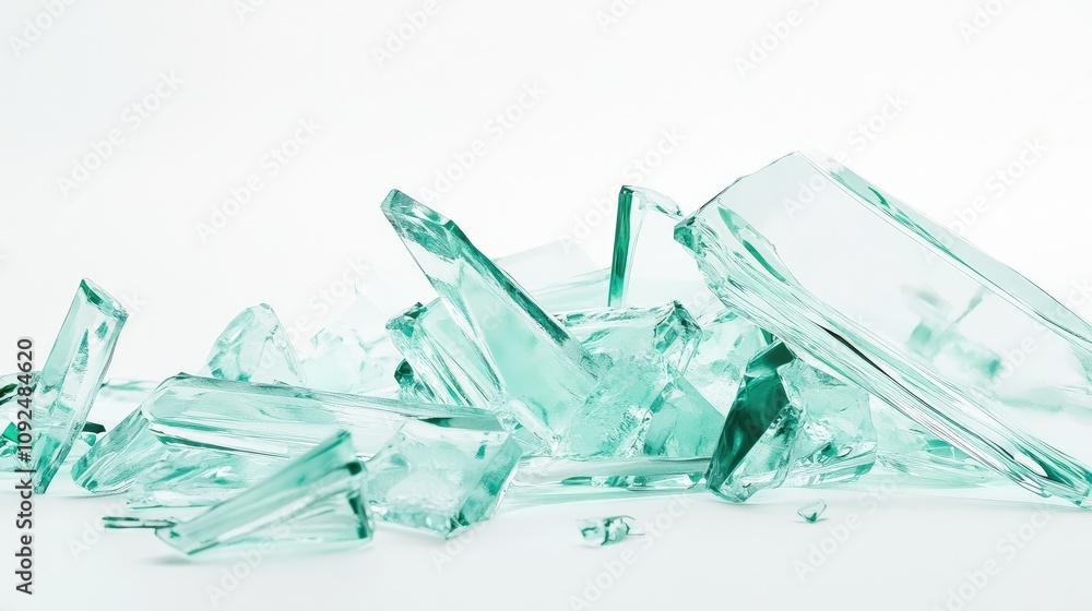 Poster shattered green glass pieces scatter on a white surface creating a beautiful abstract background ful