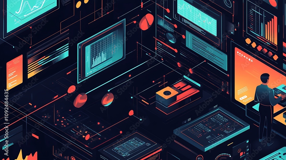 Poster isometric illustration of a person working amidst a network of data visualizations