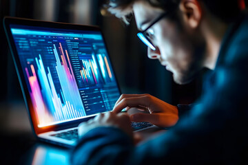 Fototapeta premium A focused SEO specialist diligently analyzes data and charts on their laptop, optimizing for online success.
