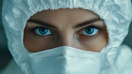 Close-up Portrait of a Person in Protective Suit with Intense Blue Eyes Amidst Sterile Environment, Emphasizing Safety and Precaution in Healthcare or Laboratory Setting