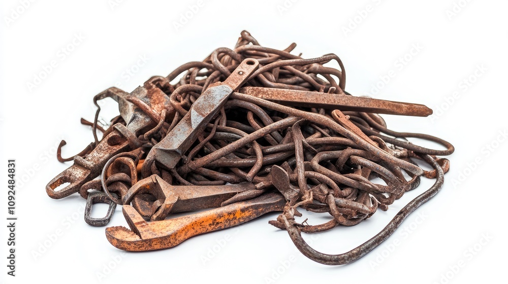 Poster a close-up of a randomly arranged collection of rusty tools and metal objects on a white background,