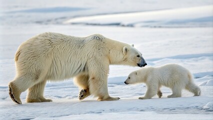 Fototapeta premium Polar bear cub and mother walking on snow together, mother cub, snowy landscape, polar bear family,