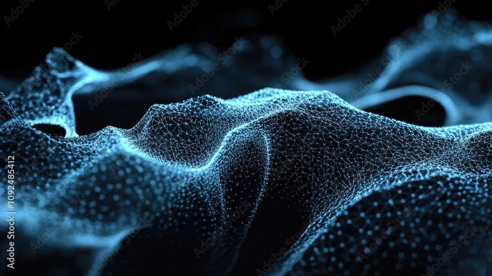 Poster abstract 3d rendering of fluid-like waves with blue particles creating a sense of motion and depth i