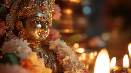 close-up of gold plated Dattatreya statue with intricate ornamental details, jasmine and marigold flowers adorn the statue, Ai generated images