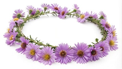 Obraz premium Purple alpine aster flowers in a delicate floral wreath or garland used for decoration or gift-giving, alpine aster flowers, wedding flowers, purple alpine aster
