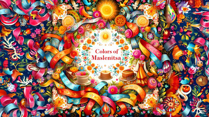 Fototapeta premium Vibrant Maslenitsa festival design with ribbons and flowers
