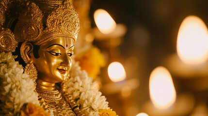 close-up of gold plated Dattatreya statue with intricate ornamental details, jasmine and marigold flowers adorn the statue, Ai generated images