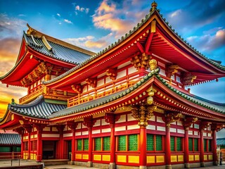 Naklejka premium Exquisite Architectural Photography of Traditional Japanese Shippou Geometric Pattern in Rich Gold and Red Tones Showcasing Opulence and Cultural Heritage in Modern Design